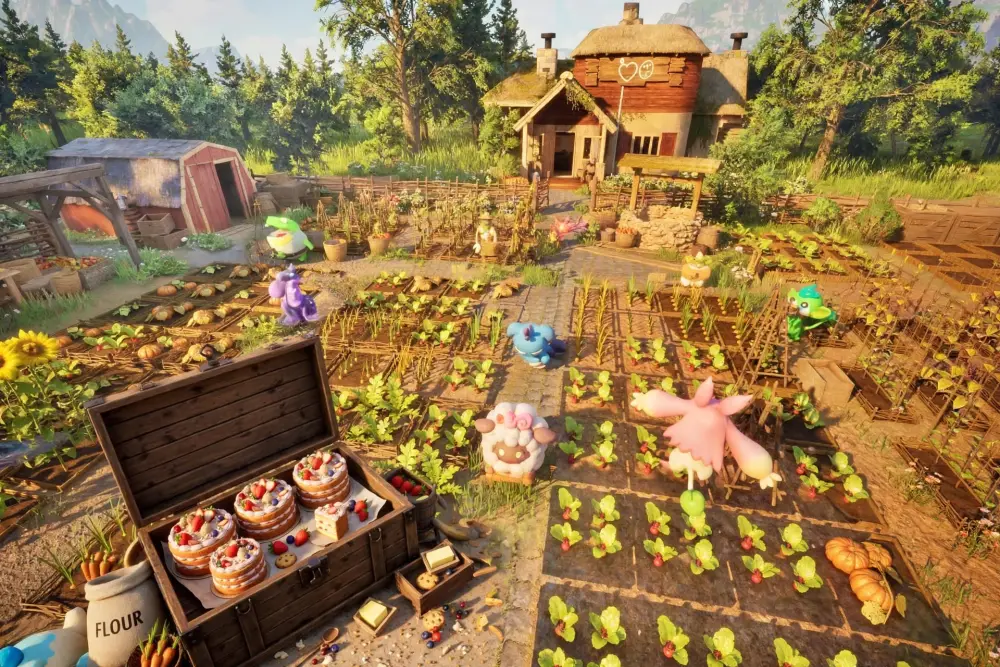 A Palworld base with planters of crops and a chest of baked Cakes ready to go into the Breeding Farm