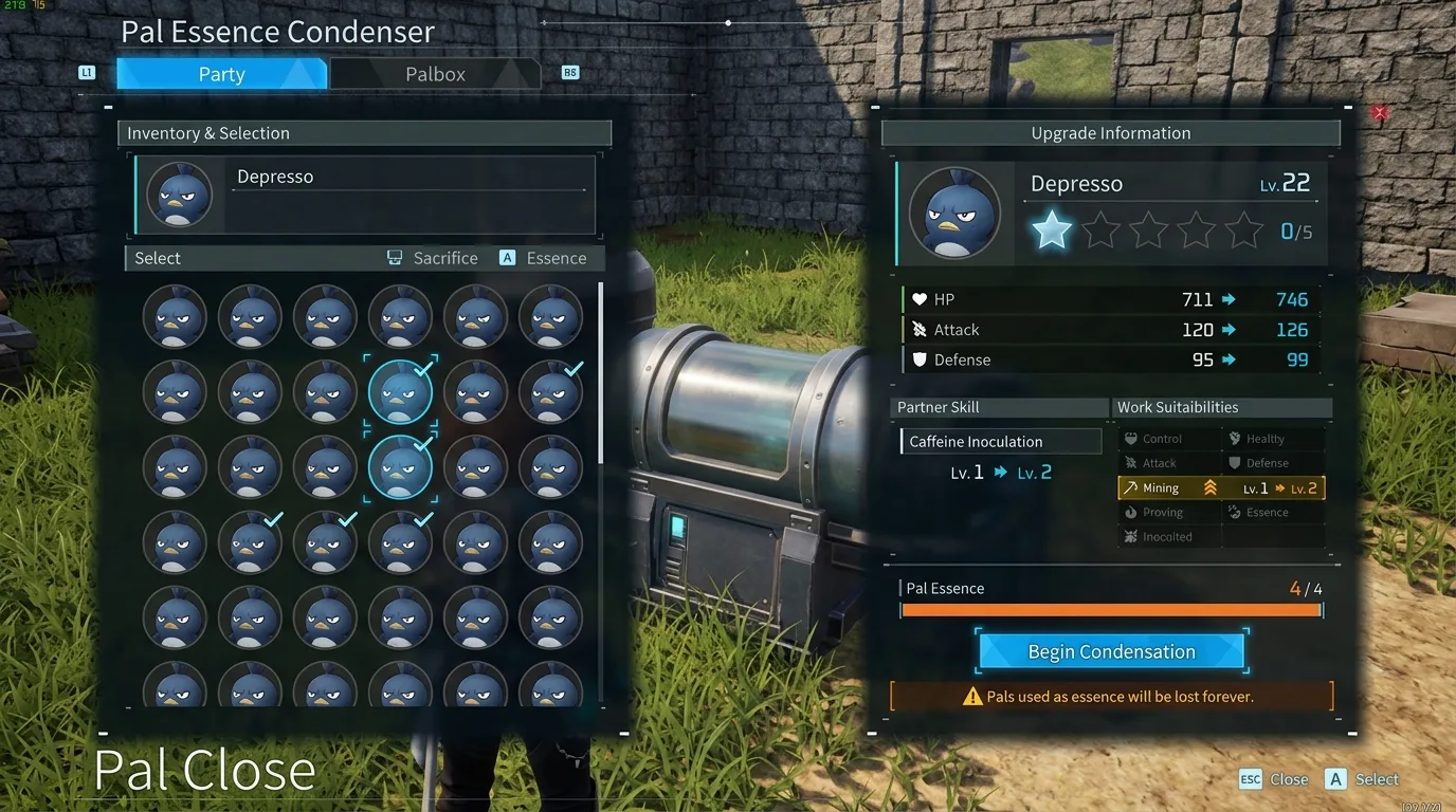 The Pal Essence Condenser screen in Palworld 1.0, showing the star level, stats, partner skill and work suitability a Pal gains from condensation